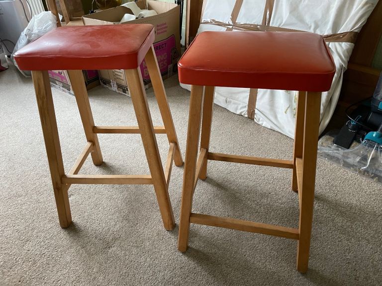 Mid-Century Modern Style Wooden Bar Stools – Orange Seats (Set of 2)