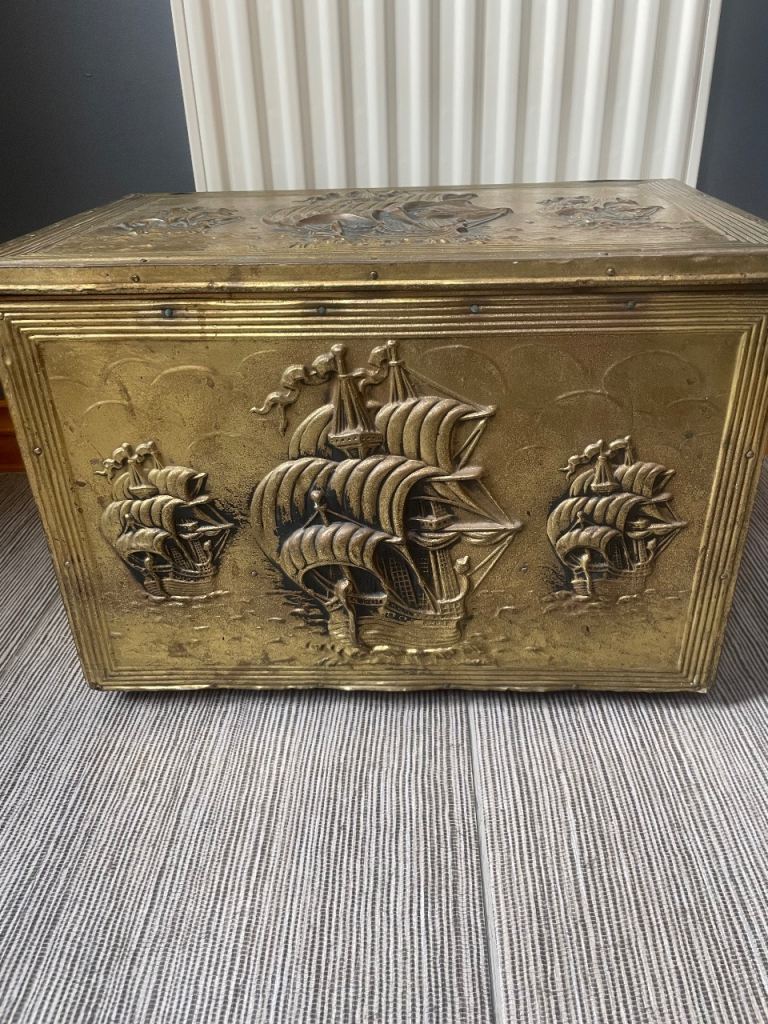 Vintage Brass Chest/Coal Box with Ship Embossment – Good Condition