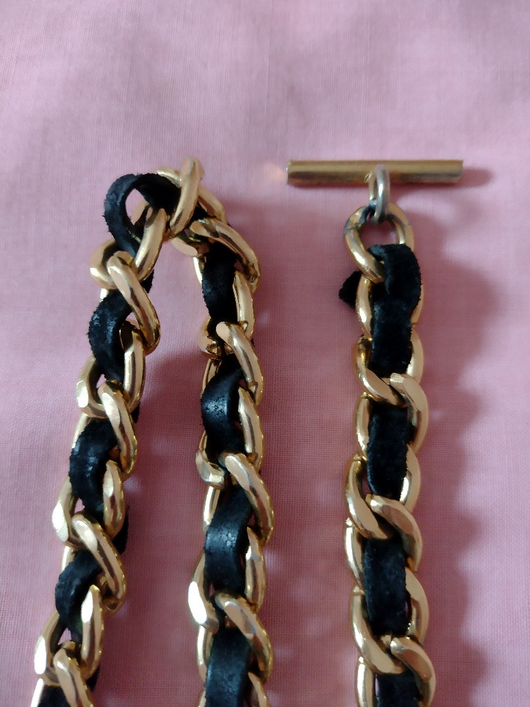 image for Two Retro 1980s Gold Tone Shoulder Bag Chains, with Black Woven detail & end fittings!