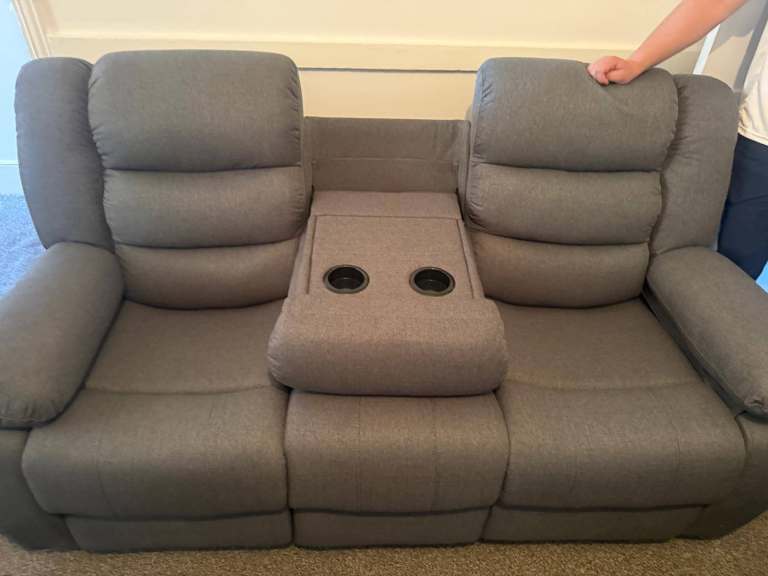 Grey Fabric Recliner Sofa with Cupholders – Good Condition