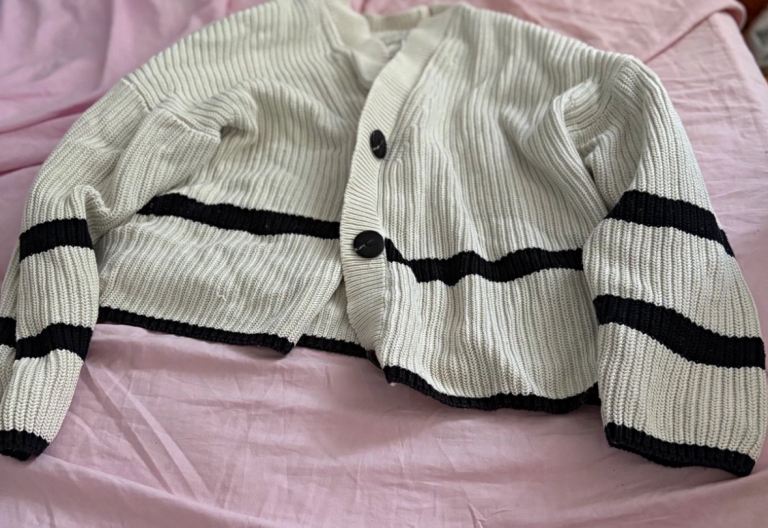 White & Black Striped Knit Cardigan – Good Condition