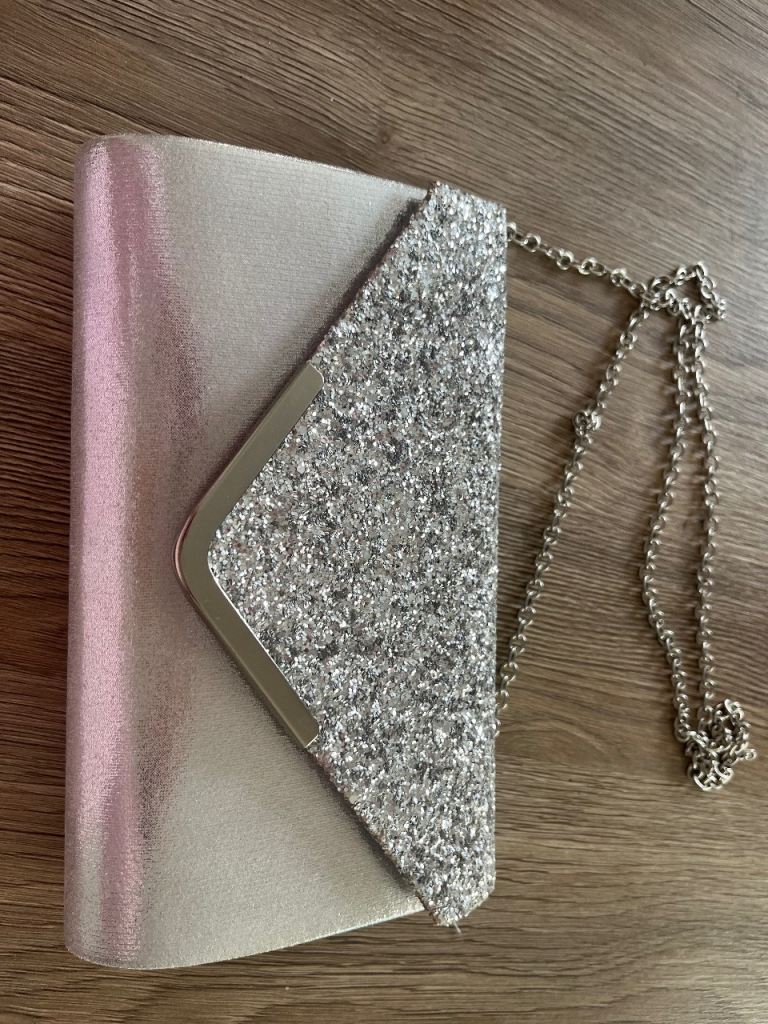 Silver Pointed Heels with Ankle Straps and Matching Clutch Bag