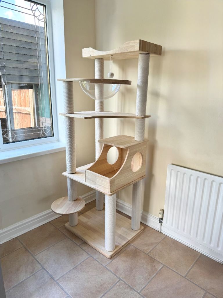 Solid Wood Cat Tree, 162cm Climbing Tower Sturdy Scratching Post Space Bowl Large Cats