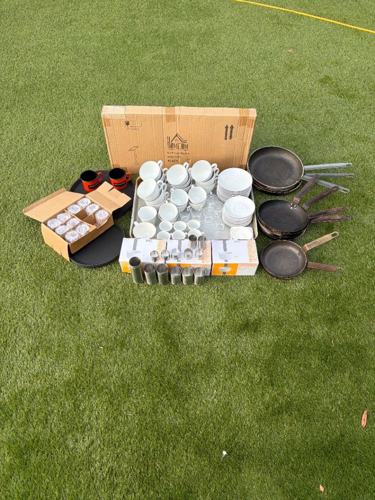 Large Kitchenware Bundle: Pans, Plates, Cups, and Glasses