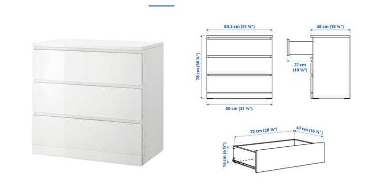 IKEA Malm Chest of 3 Drawers, High-Gloss White, 80x78cm
