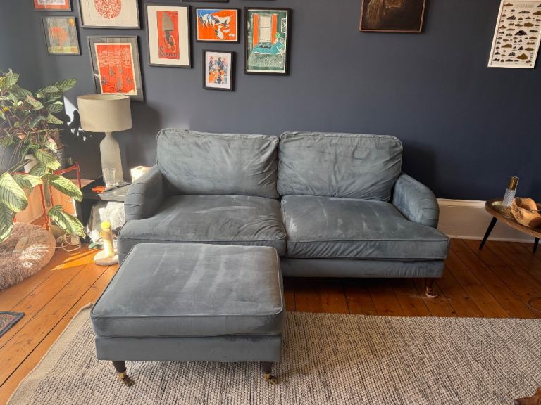 Comfy Blue Fabric Two-Seater Sofa with Matching Footstool