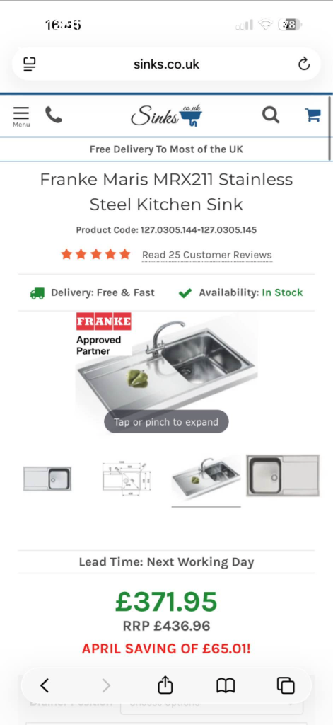 New Franke Maris MRX211 Stainless Steel Kitchen Sink