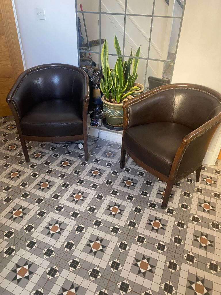 Pair of Dark Brown Leather Armchairs – Good Condition