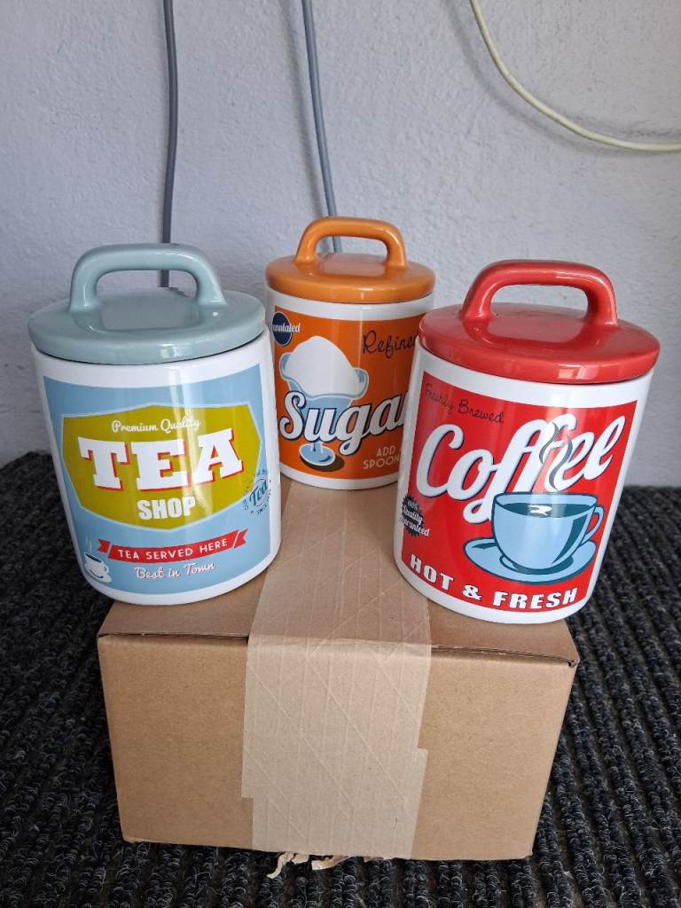 Retro Style Ceramic Tea, Coffee, and Sugar Canisters Set