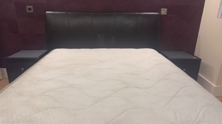 Brown Leather Large Double Bed Frame & Mattress with Side Tables