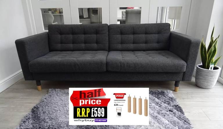 RRP:£599 IKEA LANDSKRONA GUNNARED GREY THREE SEAT FABRIC SOFA LONDON DELIVERY (OFFICE CHESTERFIELD)