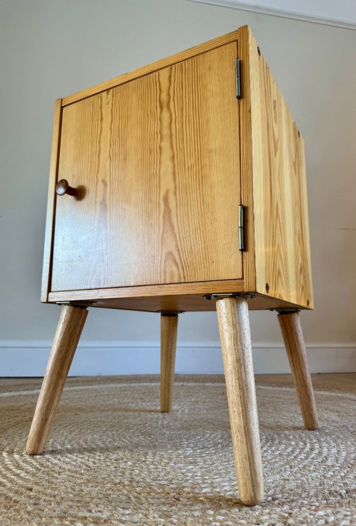 Vintage retro mid century style pine bedside cabinet unit 