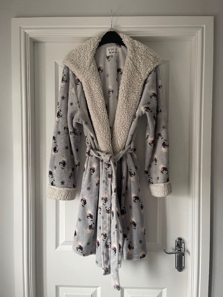 Cosy Soft Grey Pug and Stars Fleece Dressing Gown / Bathrobe