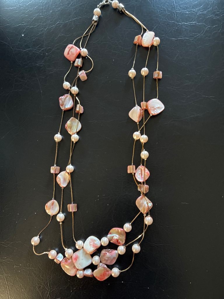 Lovely Multistrand Necklace with Pink Shell and Pearl Beads
