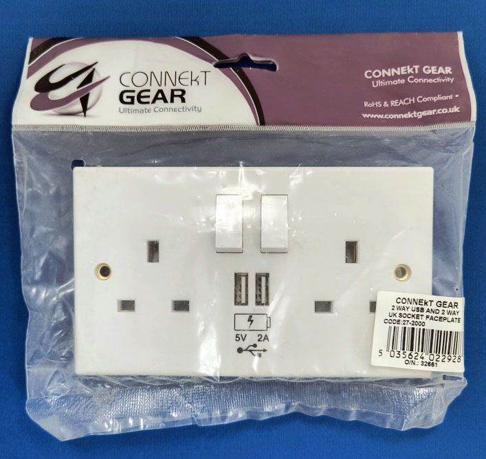 Connekt gear, 2 gang double switched socket faceplate with 2 USB charging ports