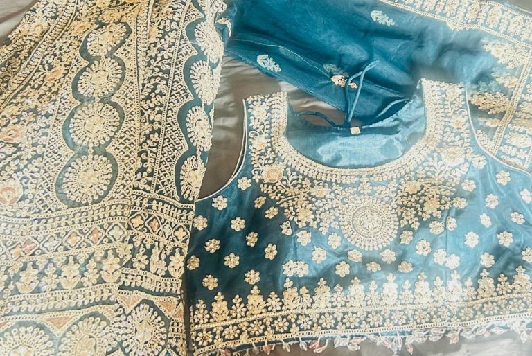 Stunning Teal Blue Embroidered Georgette Bridal Lehenga Choli