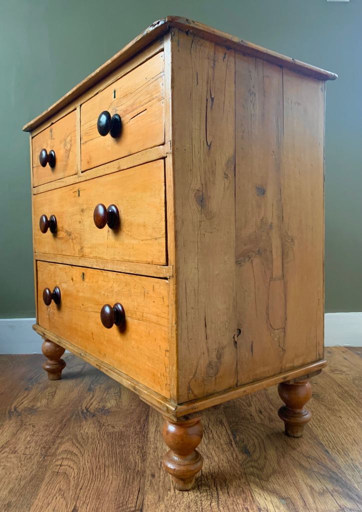 Antique Victorian Rustic Pine & Mahogany Bun Handle Chest of Drawers c1870