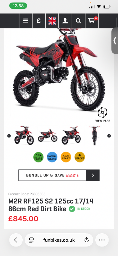 M2R RF125 S2 125cc 17/14 86cm Red Dirt bike 