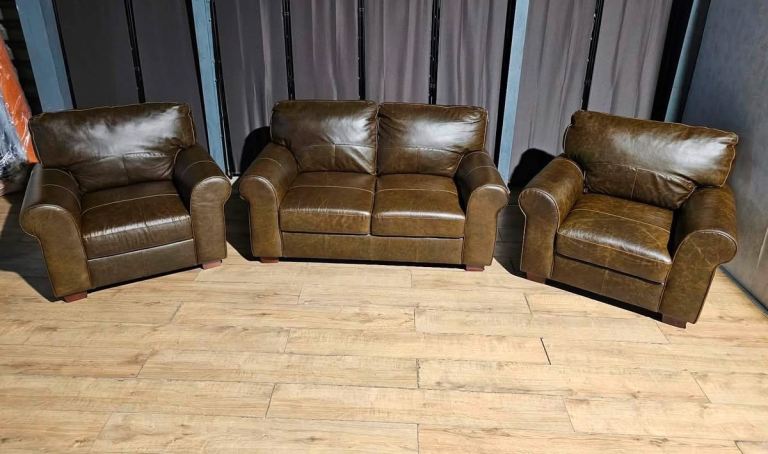 Leather 2 Seater Sofa + Two Armchairs Brown.