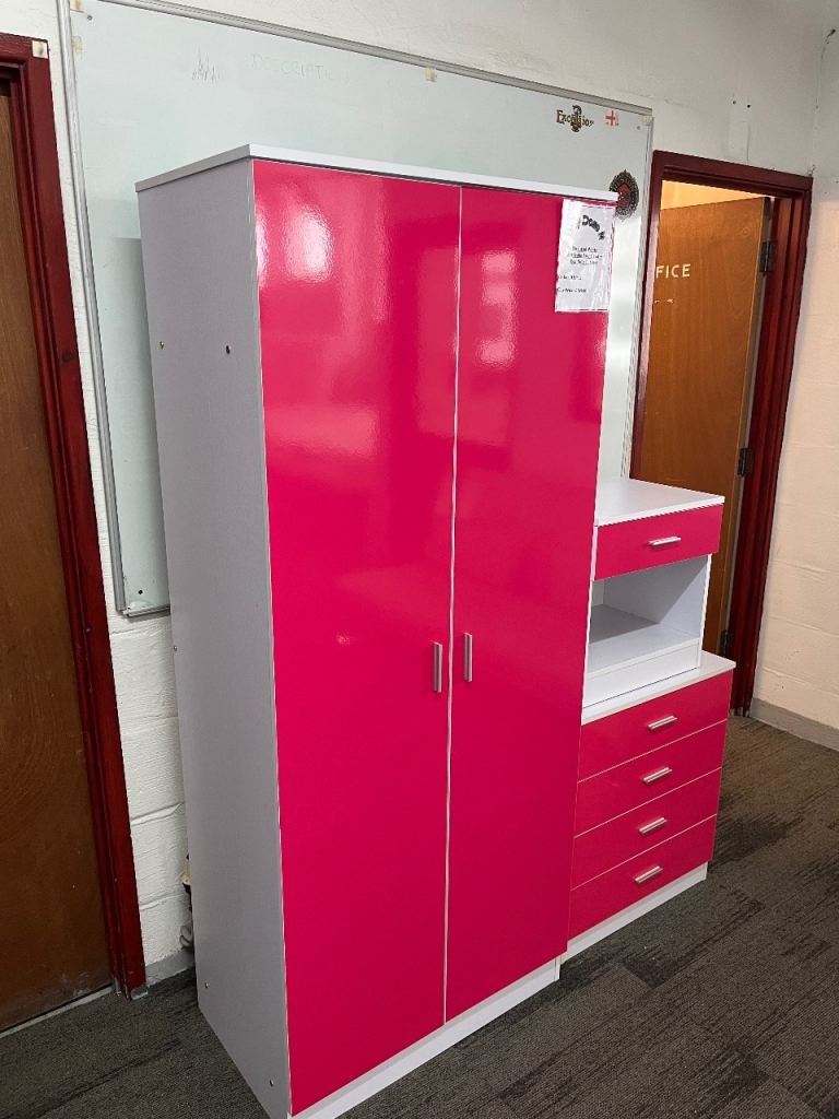 Pink & White Two Door Wardrobe Chest & Bed Side Cabinet