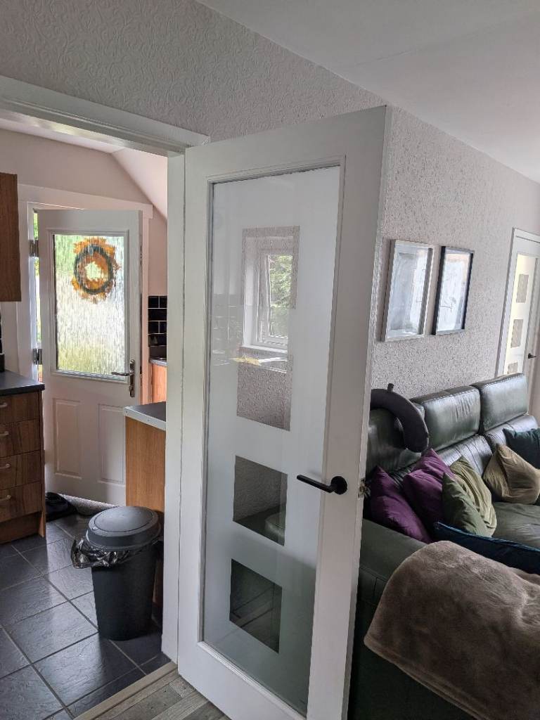 2 Internal Glazed Doors – White with Frosted Glass Panels