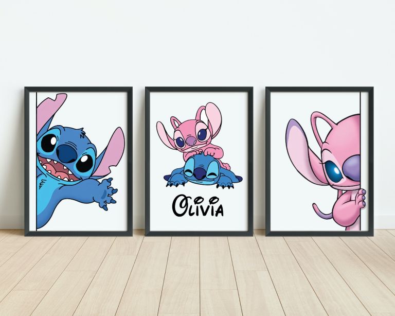 Set of 3 Stitch & Angel Disney UNFRAMED Prints - New