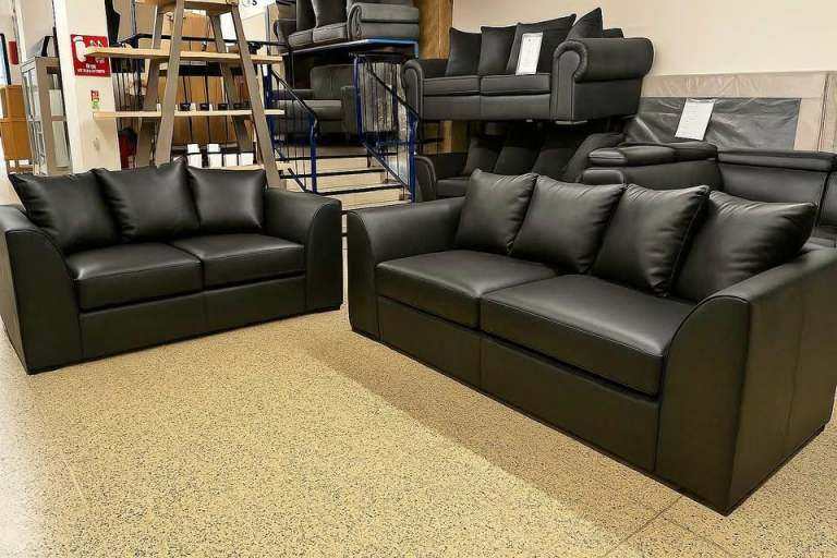 New Black Faux Leather Sofa Set – Two & Three Seater Available