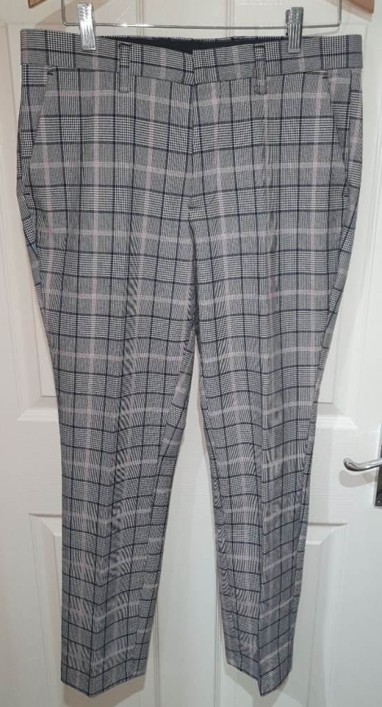 TOPMAN Mens Tailored Fit Grey Check Smart Casual Trousers Pants W32