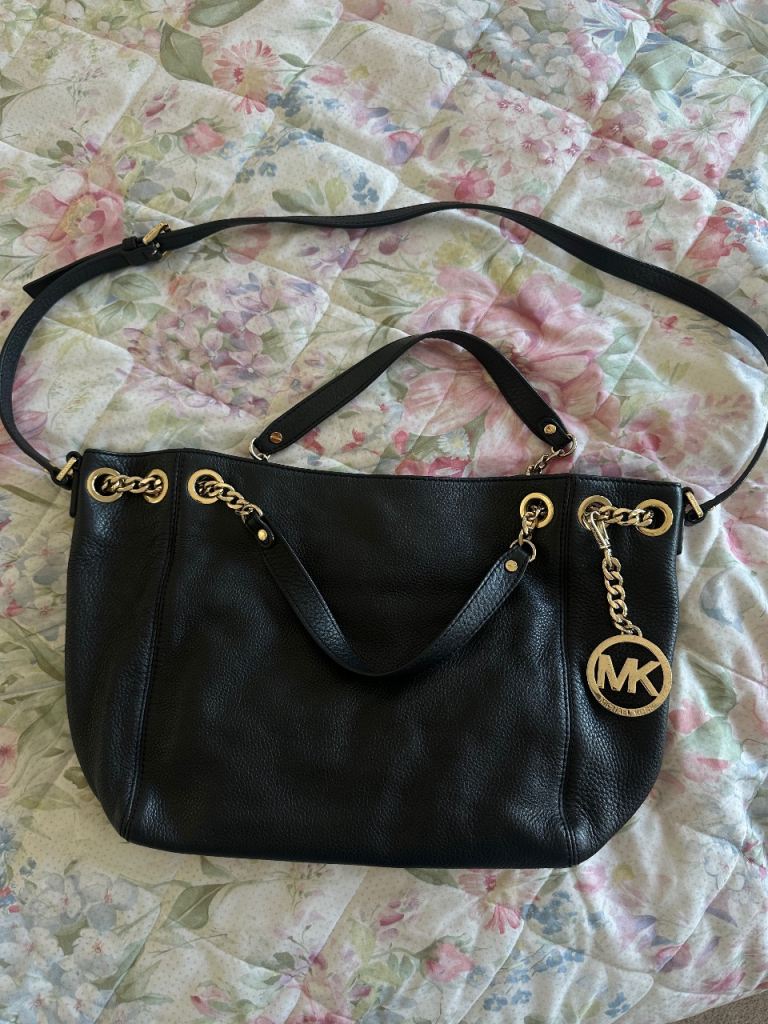 Michael Kors Black Leather Handbag with Gold Chain Detail