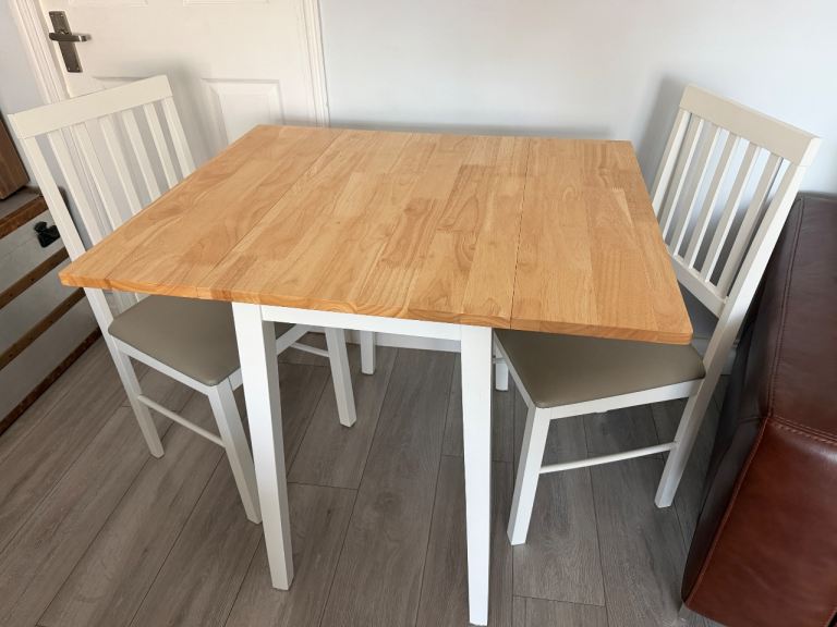 Wooden Drop Leaf Dining Table with 2 White Chairs – Good Condition