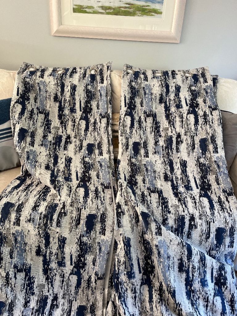 Eyelet Curtains - Blue and Grey Abstract Pattern