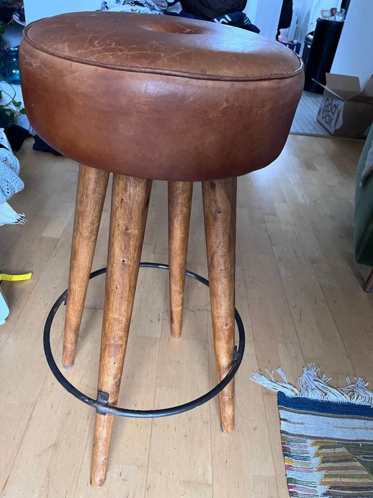 Vintage Leather Bar Stool with Wooden Legs