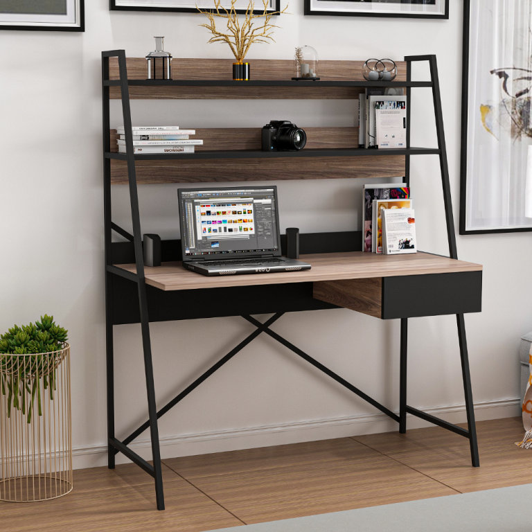 Walnut and Black Computer Desk with Storage Shelves and Drawer, 2 Tier