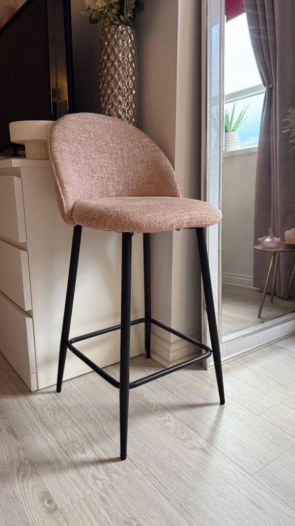 Pink Fabric Bar Stool with Black Legs – Good Condition