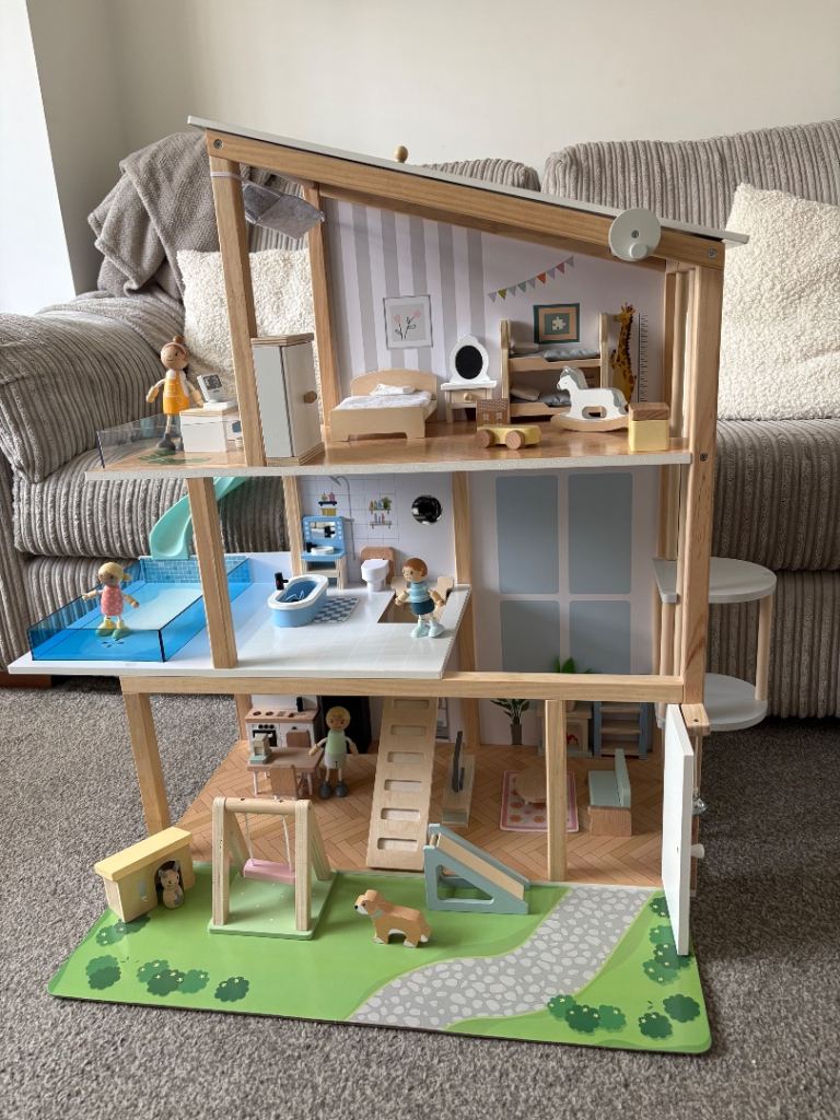 3 tier wooden dolls house with lift and all accessories - good as new 