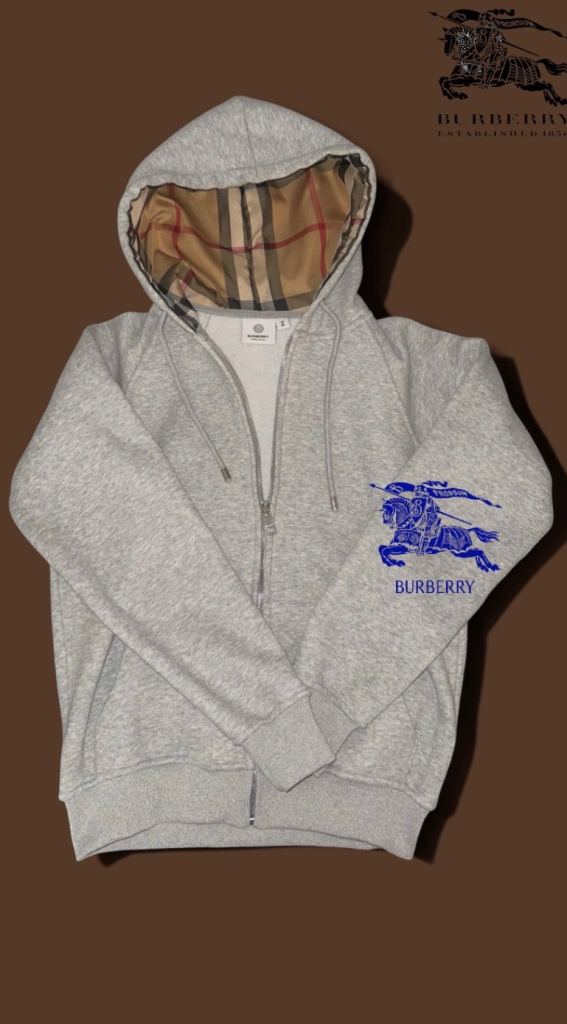 Burberry Grey Hoodie with Iconic Check Lining – Size Medium