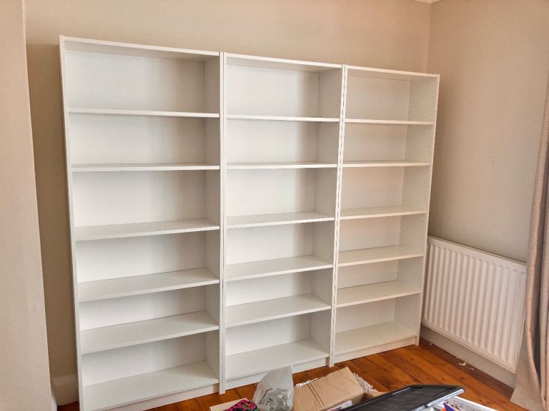 3x IKEA tall white Billy bookcases 
