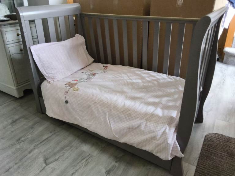 Stamford Mini Sleigh Bed, grey with underneath storage drawer,  mattress, waterproof mattress cover