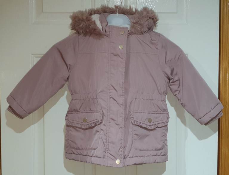NEXT Girls Pink Shower Resistant Faux Fur Trim Parka Winter Coat 1.5-2 yrs 92cm