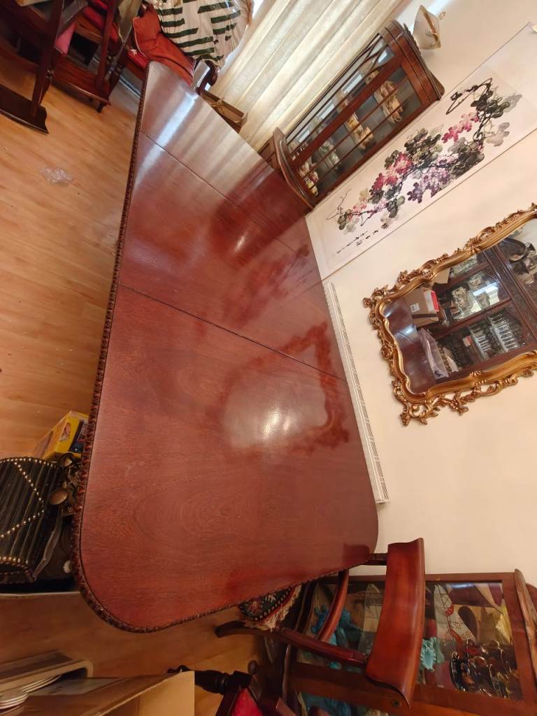 Antique Mahogany Twin-Pedestal Extending Dining Table + 10 chairs