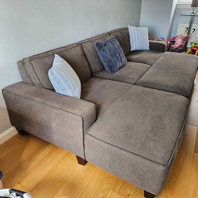 Orian 2 piece grey fabric sofa chaise with storage ottoman