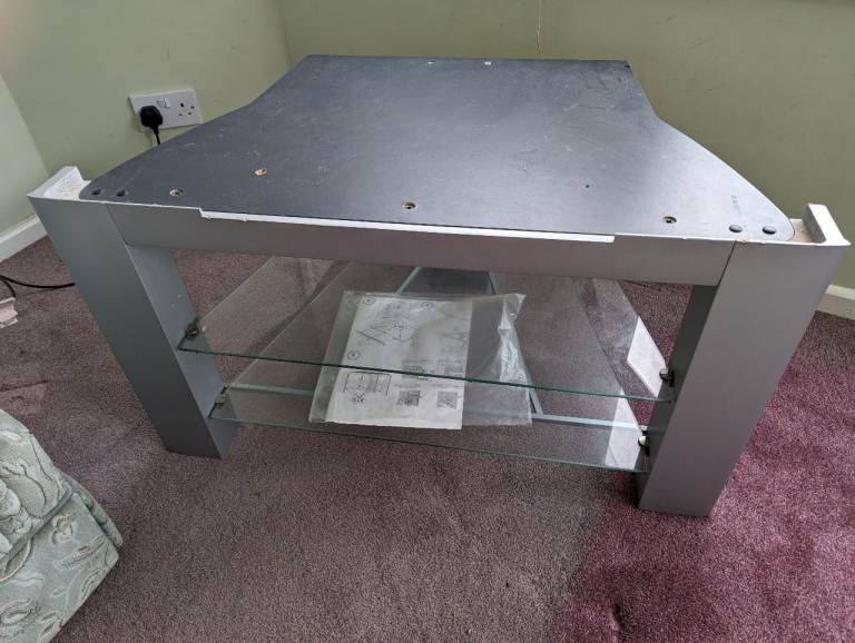 Grey TV Stand with Glass Shelves – Good Condition