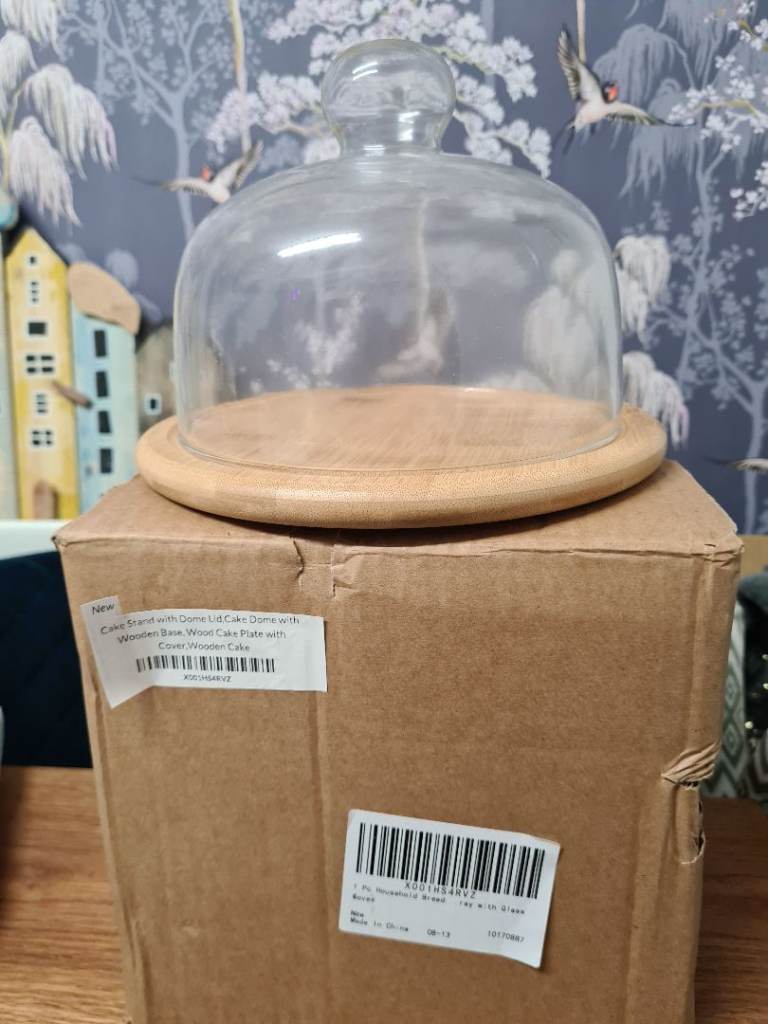 Cake Stand With Glass Dome Lid On Wooden Base 