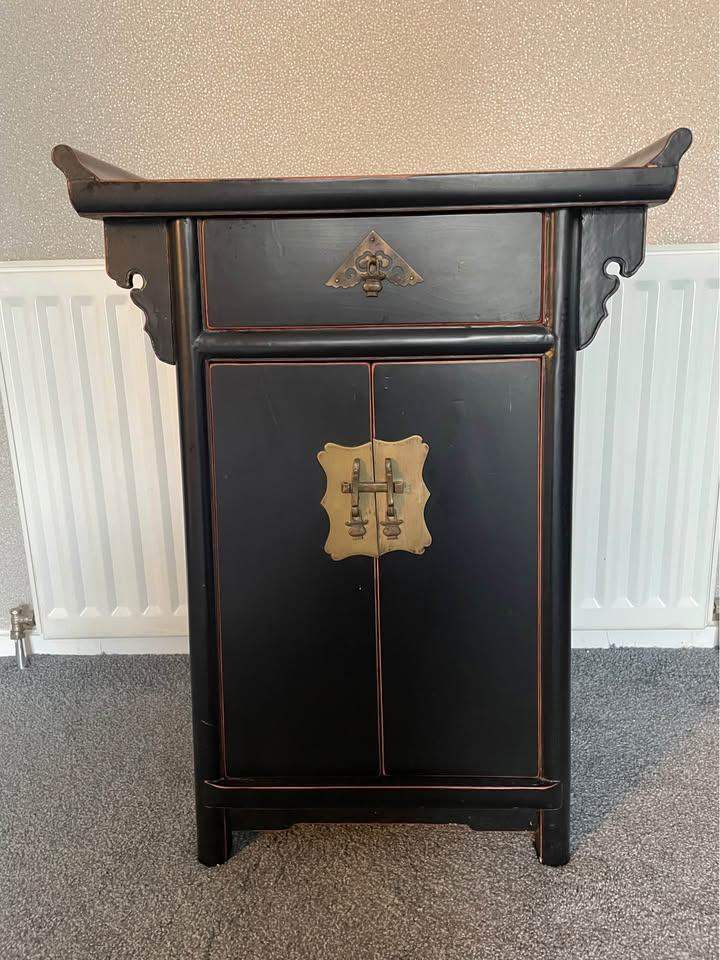 Vintage Chinese oriental black lacquered finish, handmade altar cabinet