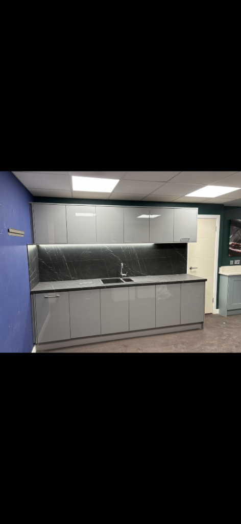 High gloss grey units. 