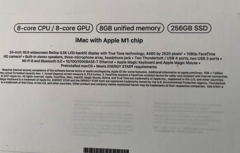 Apple iMac 24” 2021 M1 Chip 8GB RAM 256 SSD Silver 