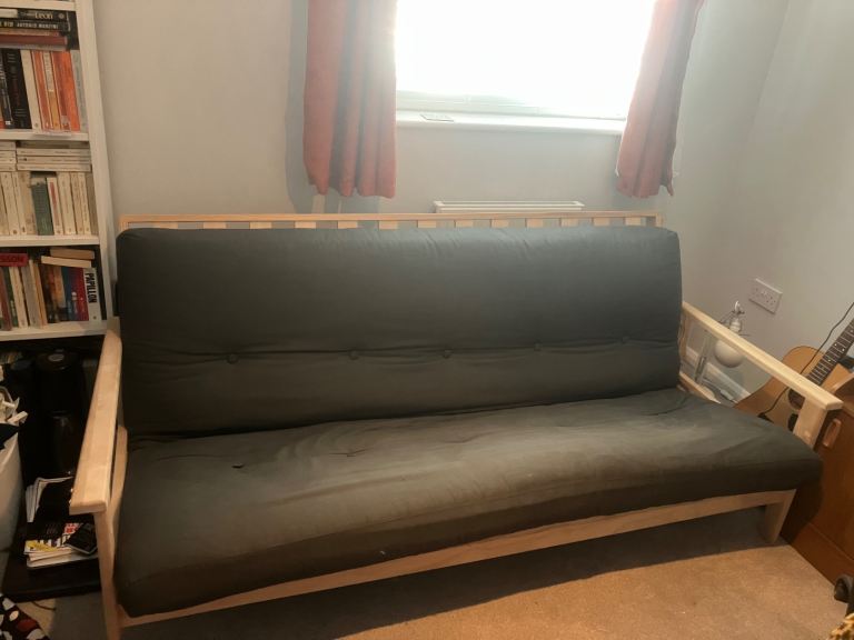 Wooden pine and birch futon sofa bed - 3-seater double - grey removable cushion