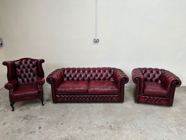Chesterfield ox blood leather 3 seater sofa & cub chair & wingback chair 