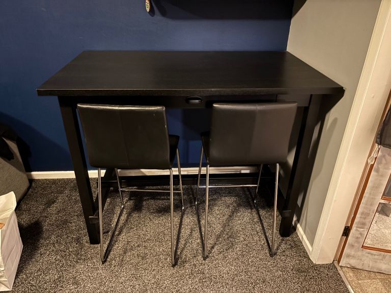 Solid IKEA Breakfast Bar table w/ 2 black and chrome chairs