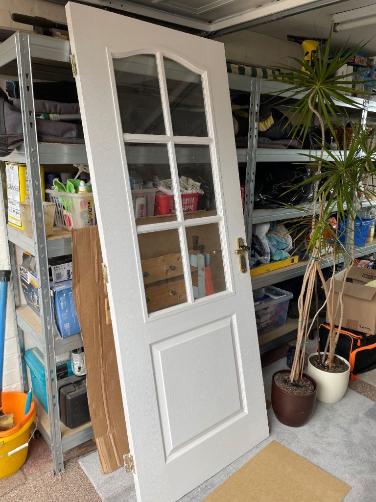 White Wooden Internal Door with Glass Panels – Good Condition